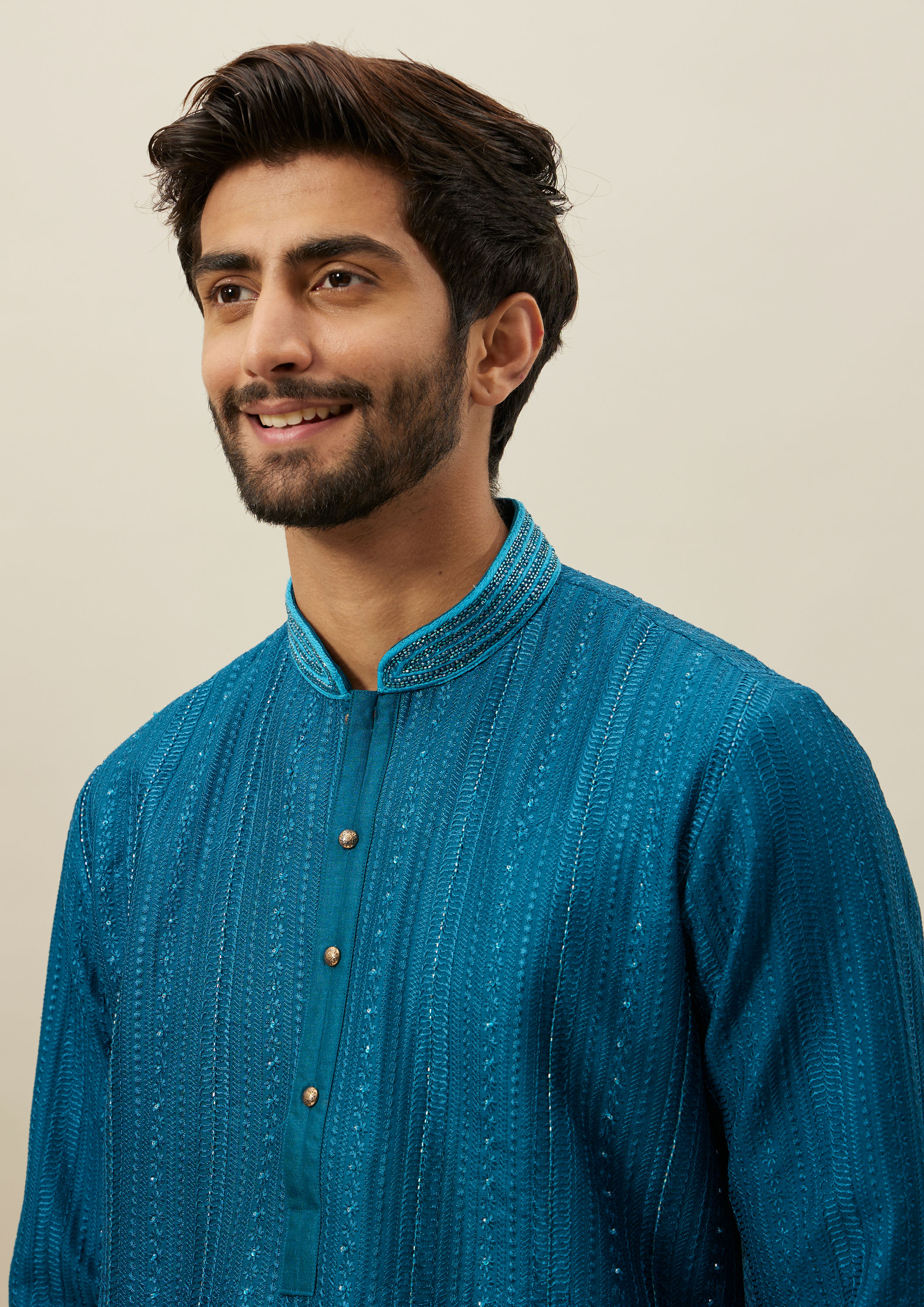 Twamev Men Brilliant Blue Geometric Patterned Kurta Set
