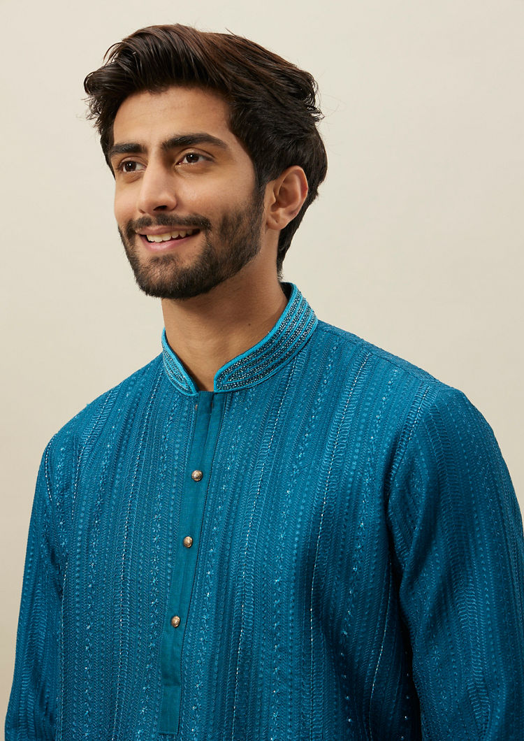 Twamev Men Brilliant Blue Geometric Patterned Kurta Set