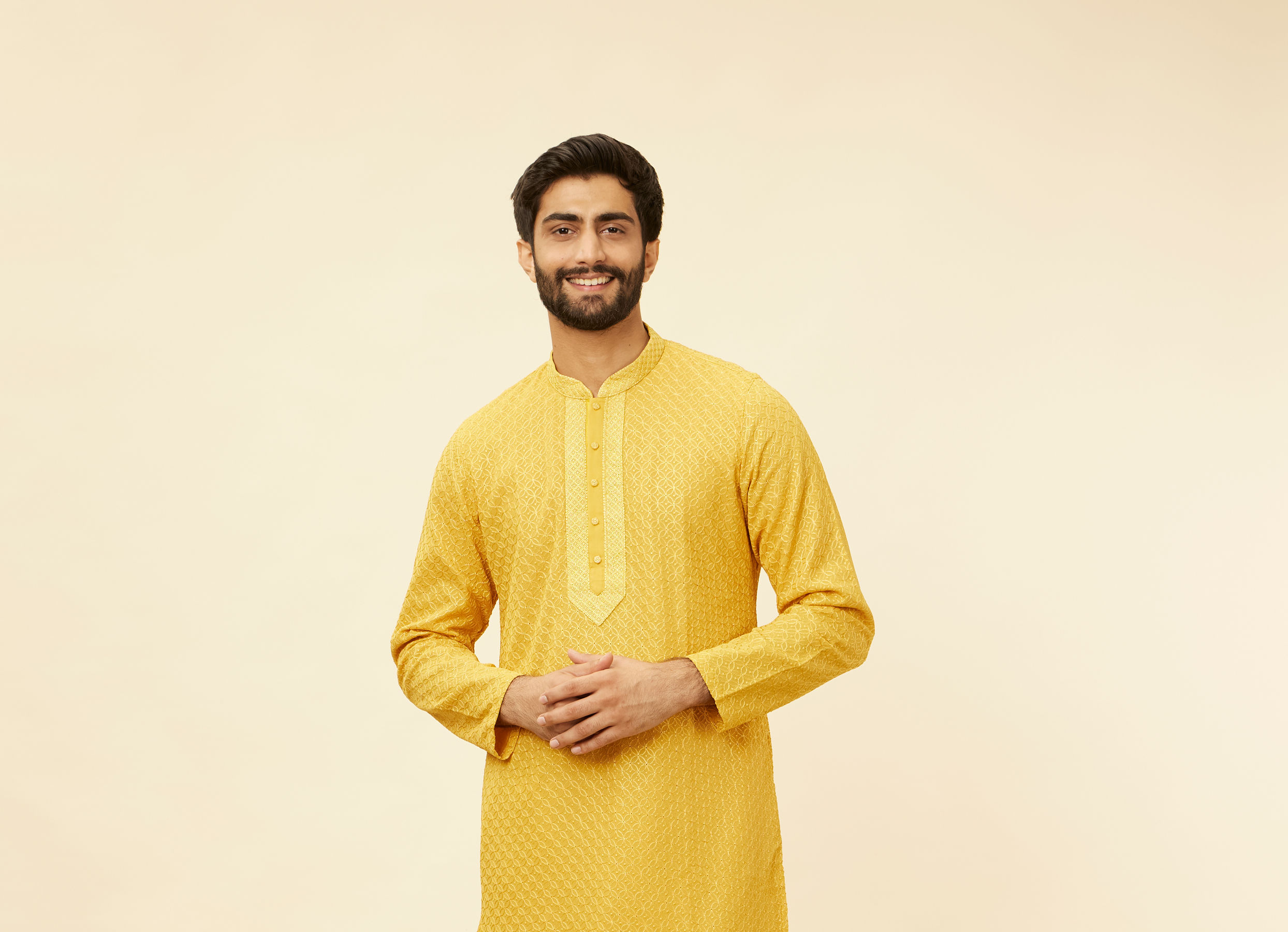 Twamev Men Gleaming Mustard Kurta Pajama Set