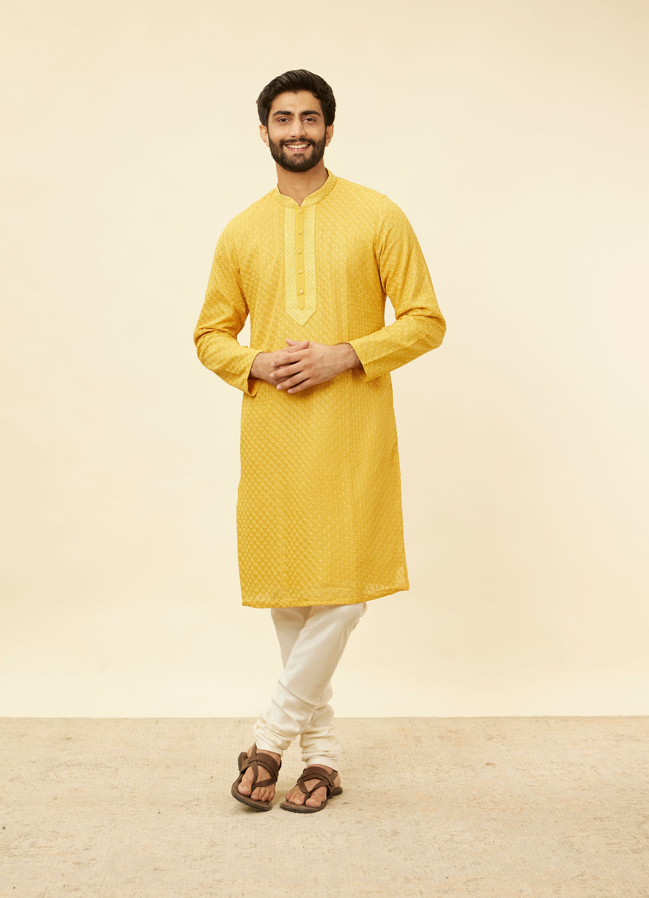 Twamev Men Gleaming Mustard Kurta Pajama Set