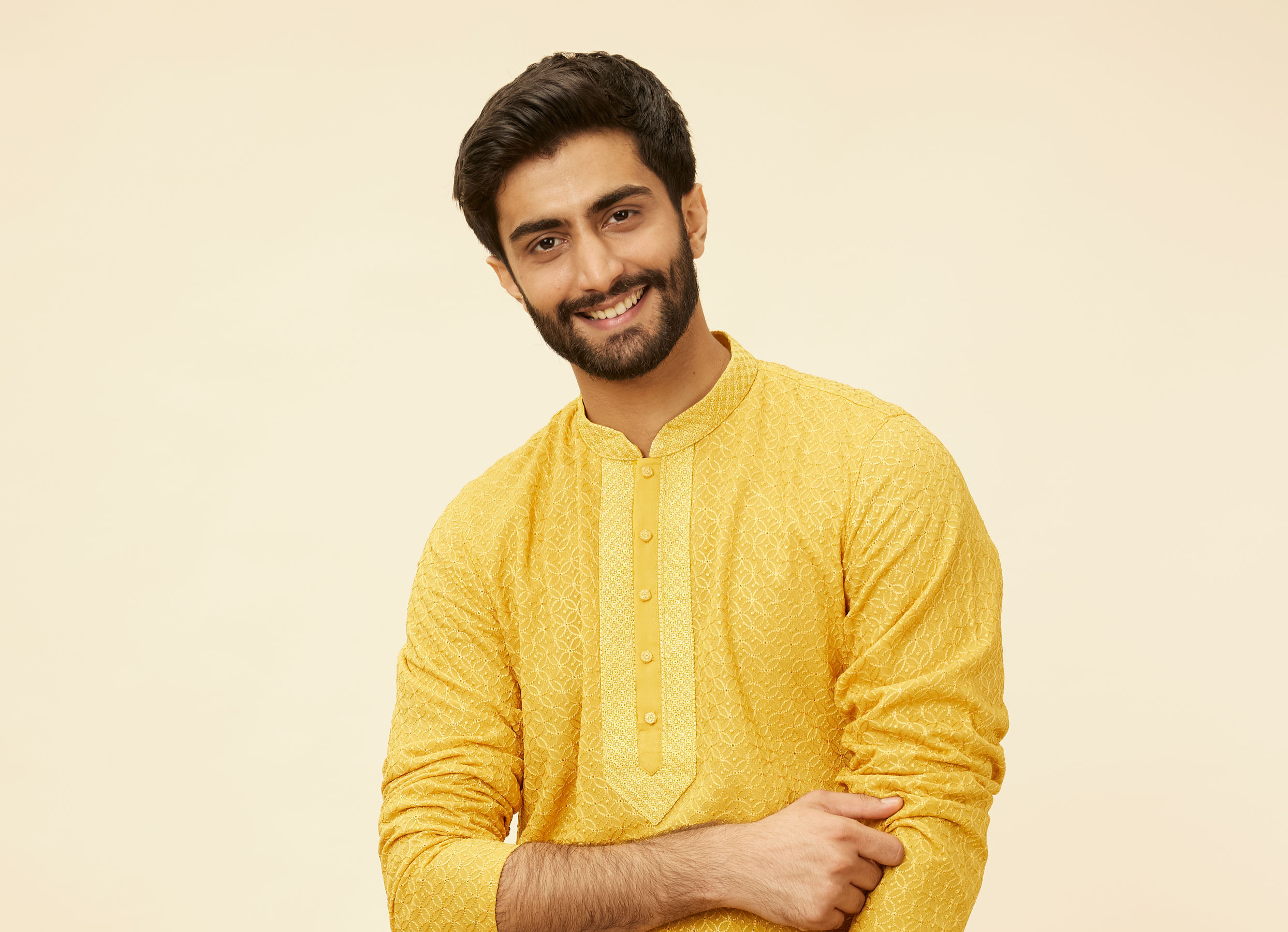 Twamev Men Gleaming Mustard Kurta Pajama Set