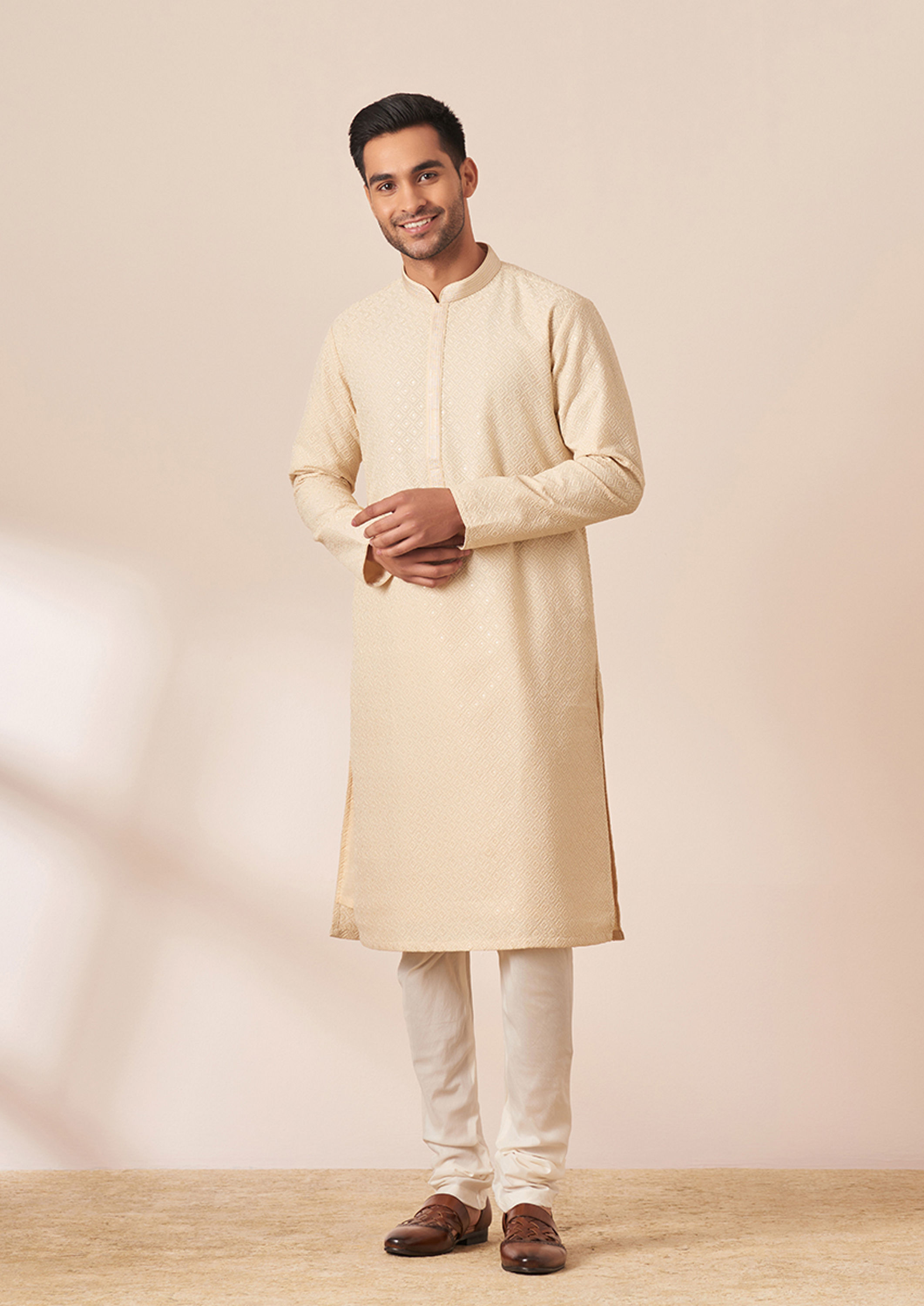 Twamev Men Light Cream Chikankari Kurta Pajama image number 1