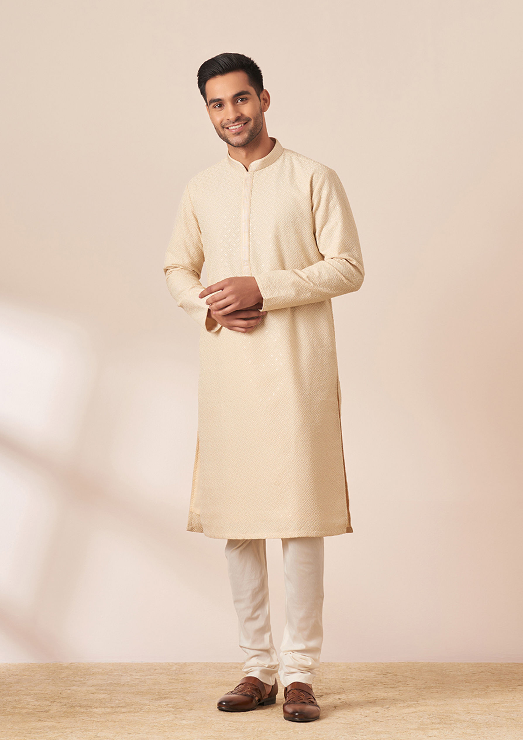 Twamev Men Light Cream Chikankari Kurta Pajama