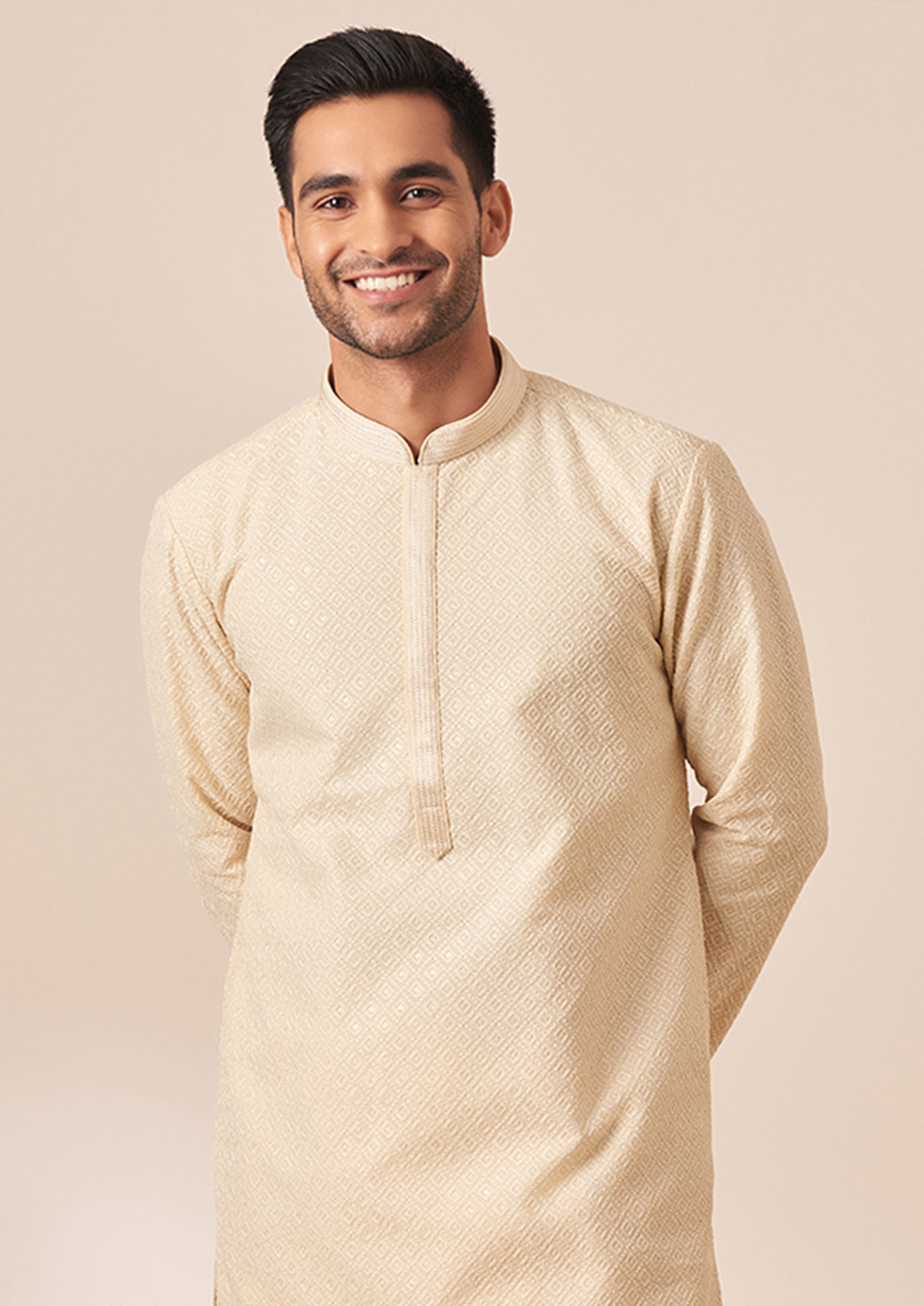 Twamev Men Light Cream Chikankari Kurta Pajama