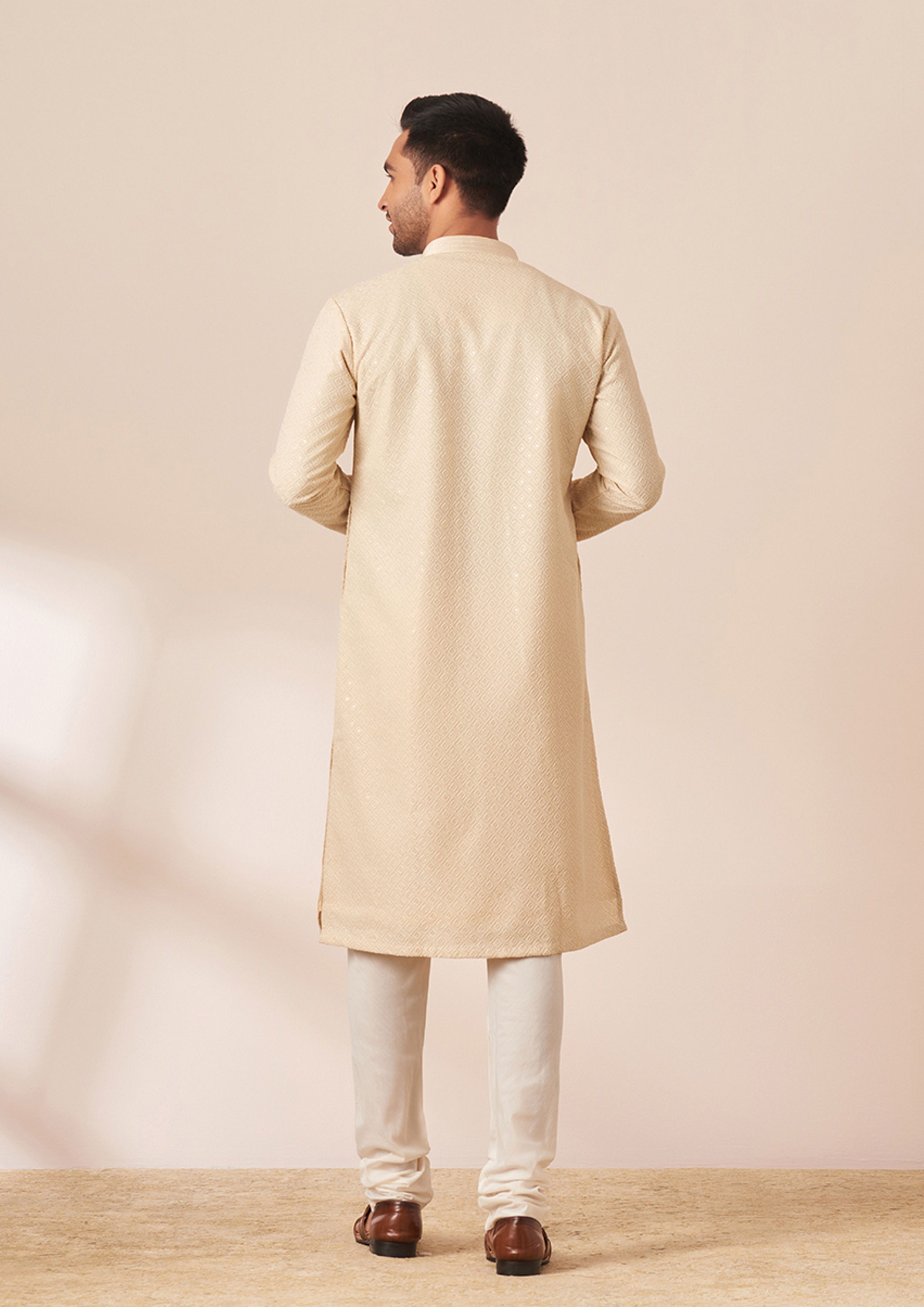 Twamev Men Light Cream Chikankari Kurta Pajama image number 3