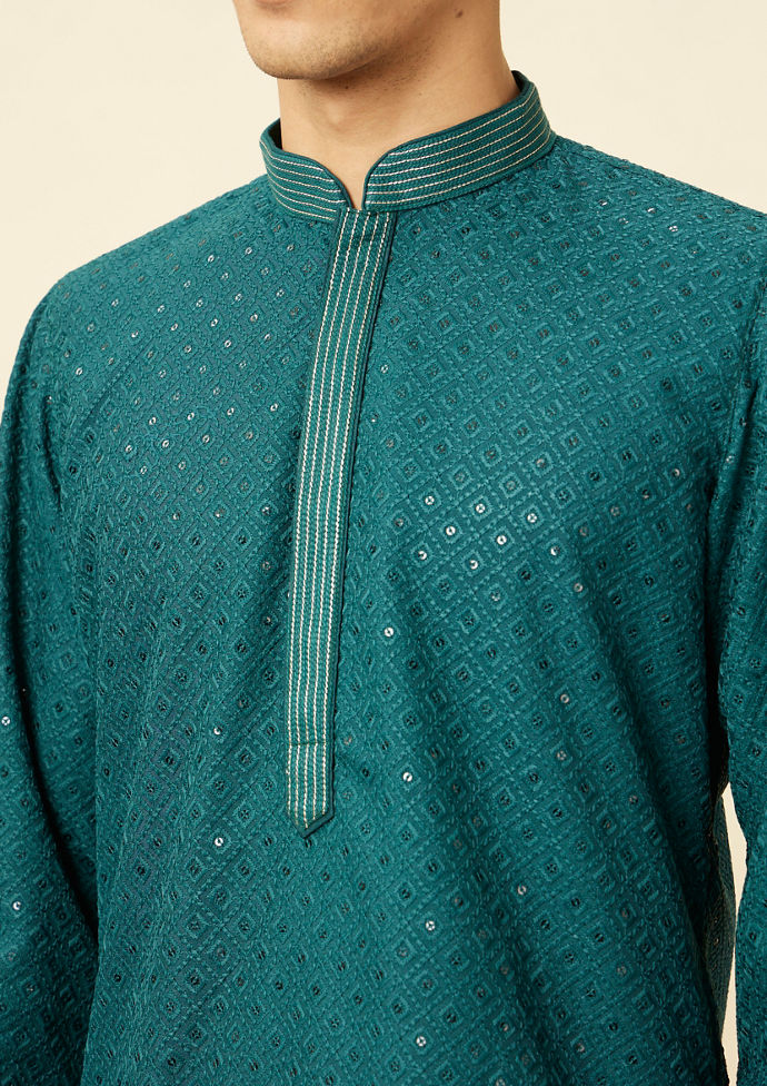 Twamev Men Turquoise Tale Kurta Set