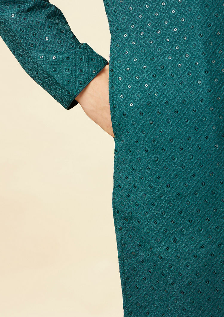 Twamev Men Turquoise Tale Kurta Set image number 3