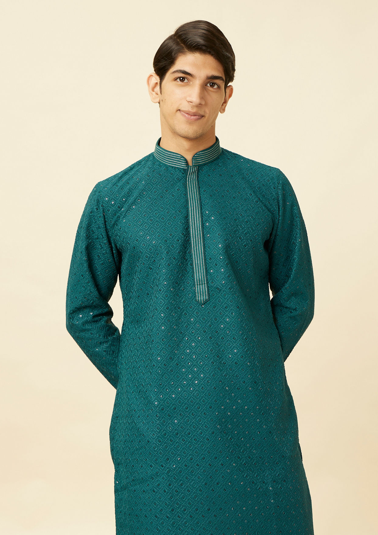 alt message - Twamev Men Turquoise Tale Kurta Set image number 0