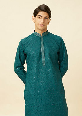 alt message - Twamev Men Turquoise Tale Kurta Set image number 0