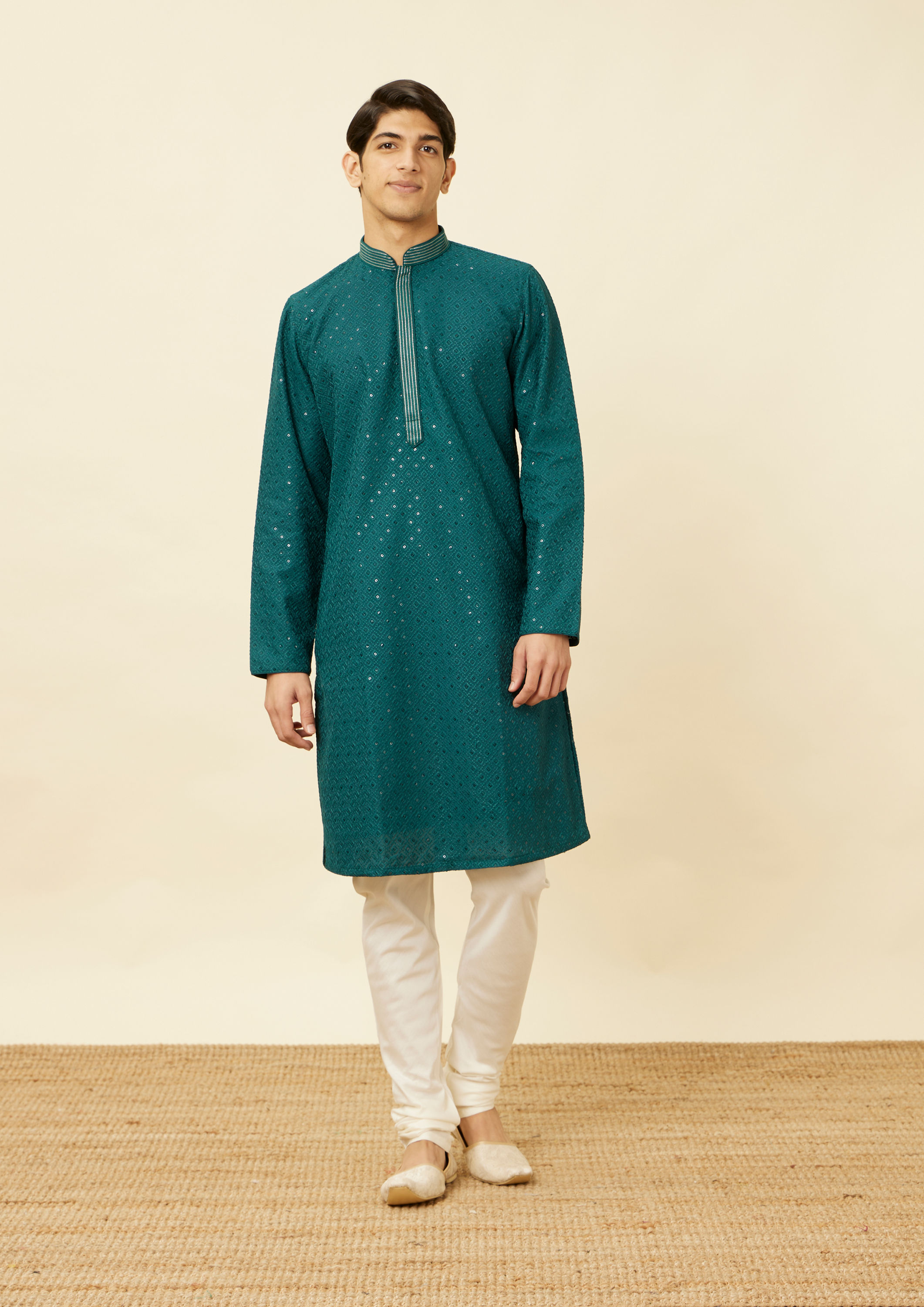 Twamev Men Turquoise Tale Kurta Set image number 2