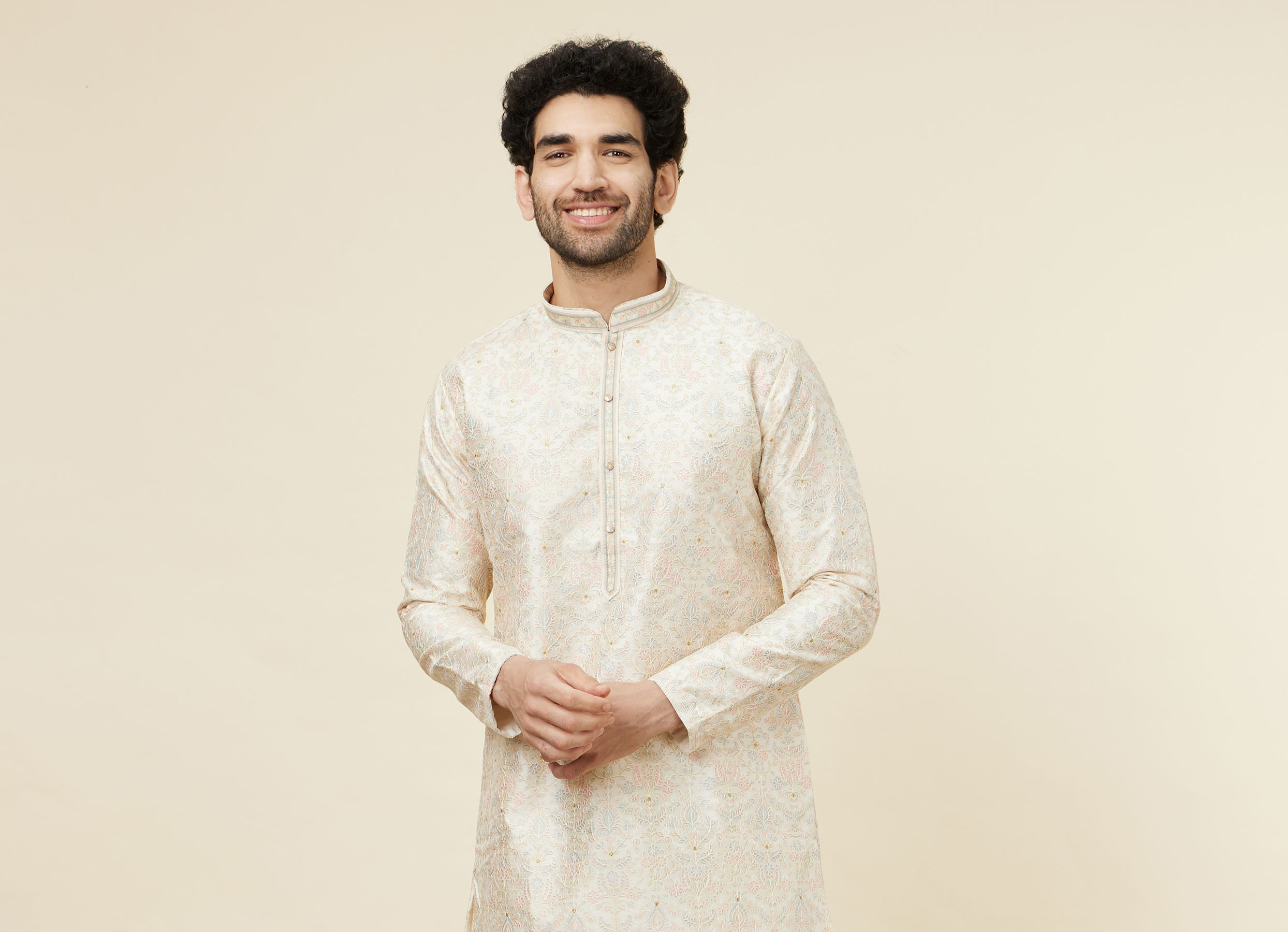 Twamev Men Beige Blossom Kurta Set
