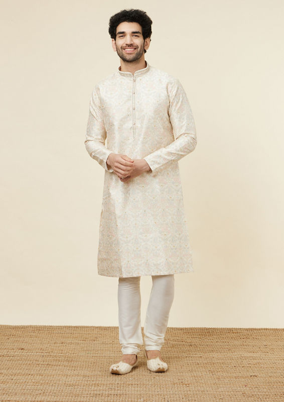 alt message - Twamev Men Beige Blossom Kurta Set image number 1