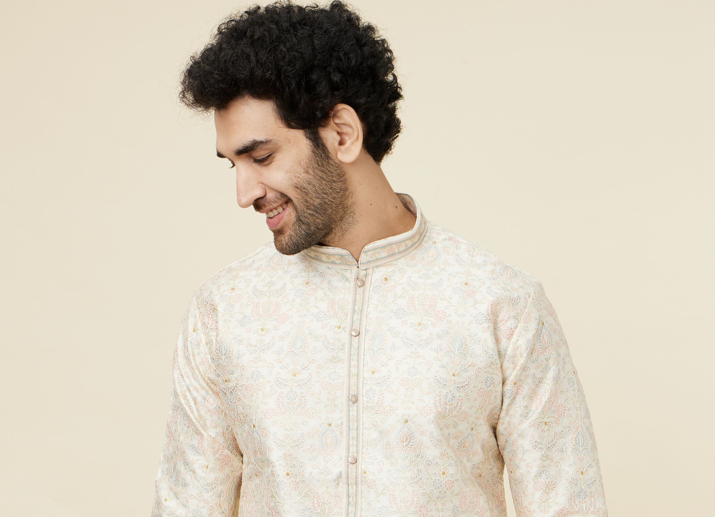 Twamev Men Beige Blossom Kurta Set