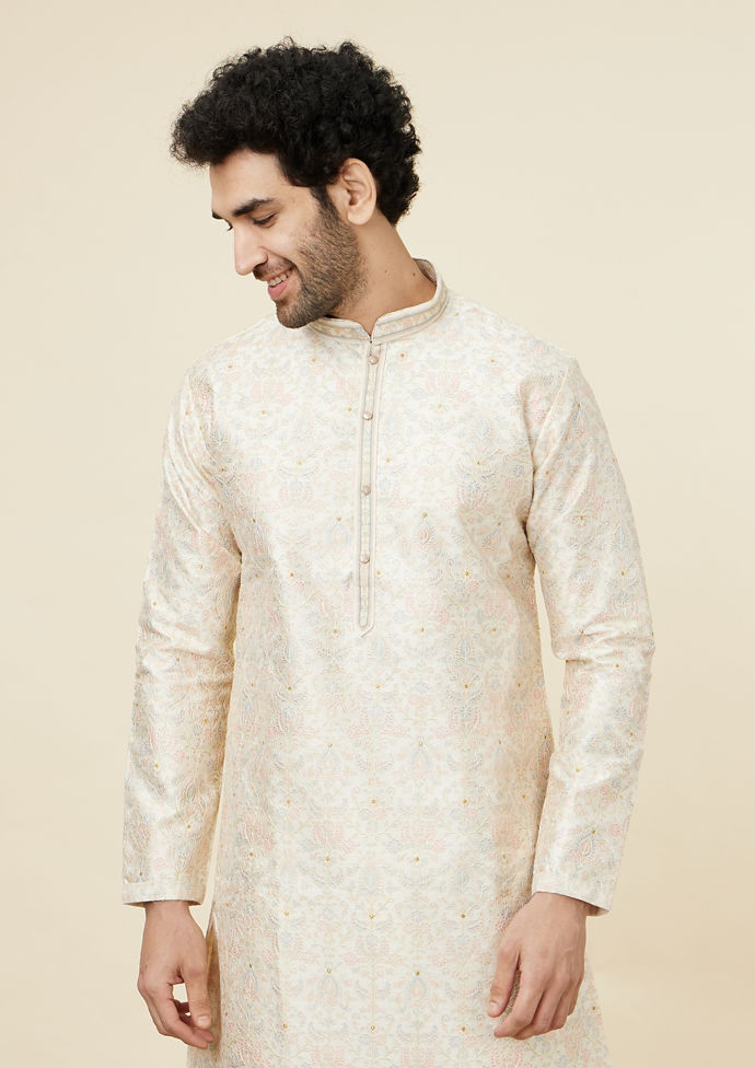 alt message - Twamev Men Beige Blossom Kurta Set