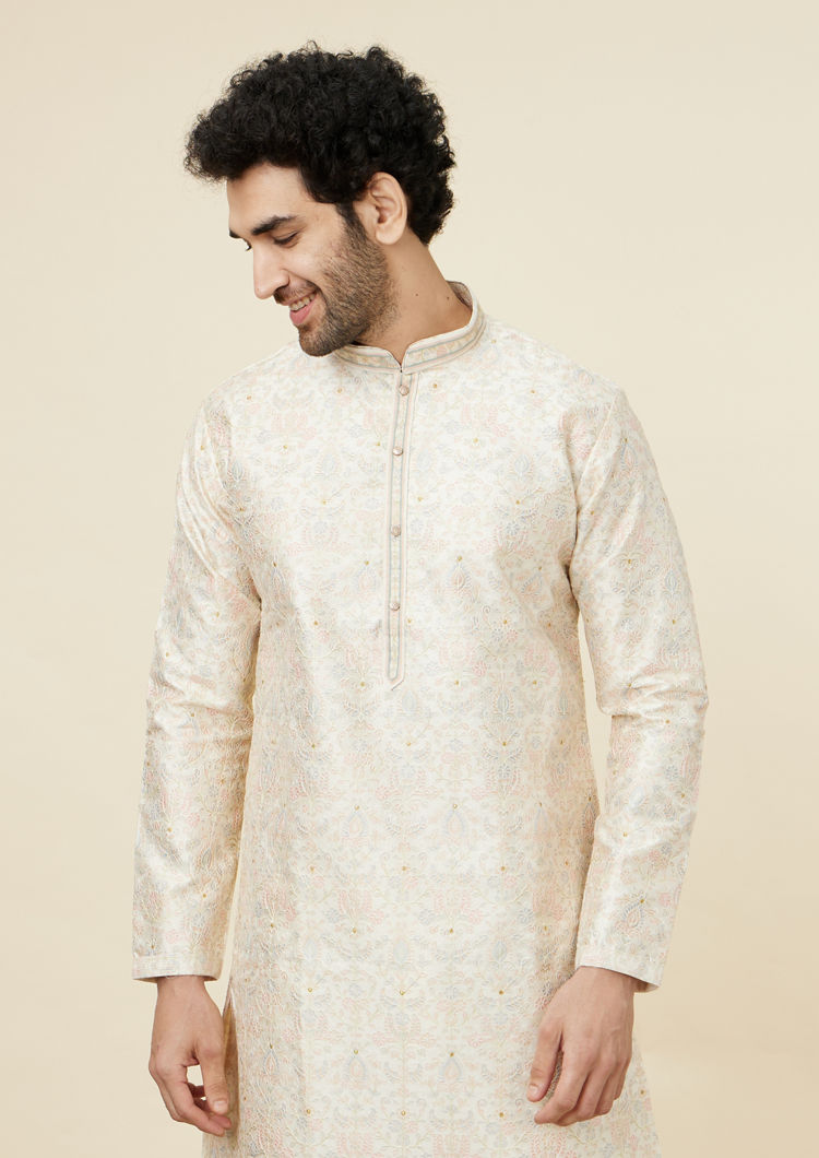 Twamev Men Beige Blossom Kurta Set