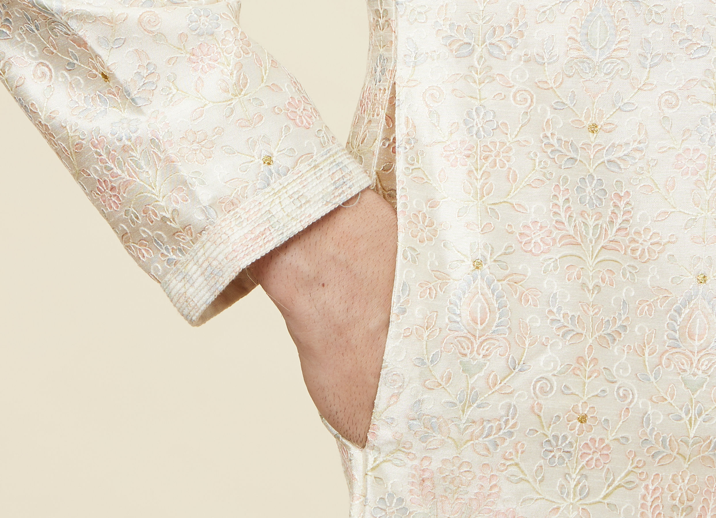 Twamev Men Beige Blossom Kurta Set