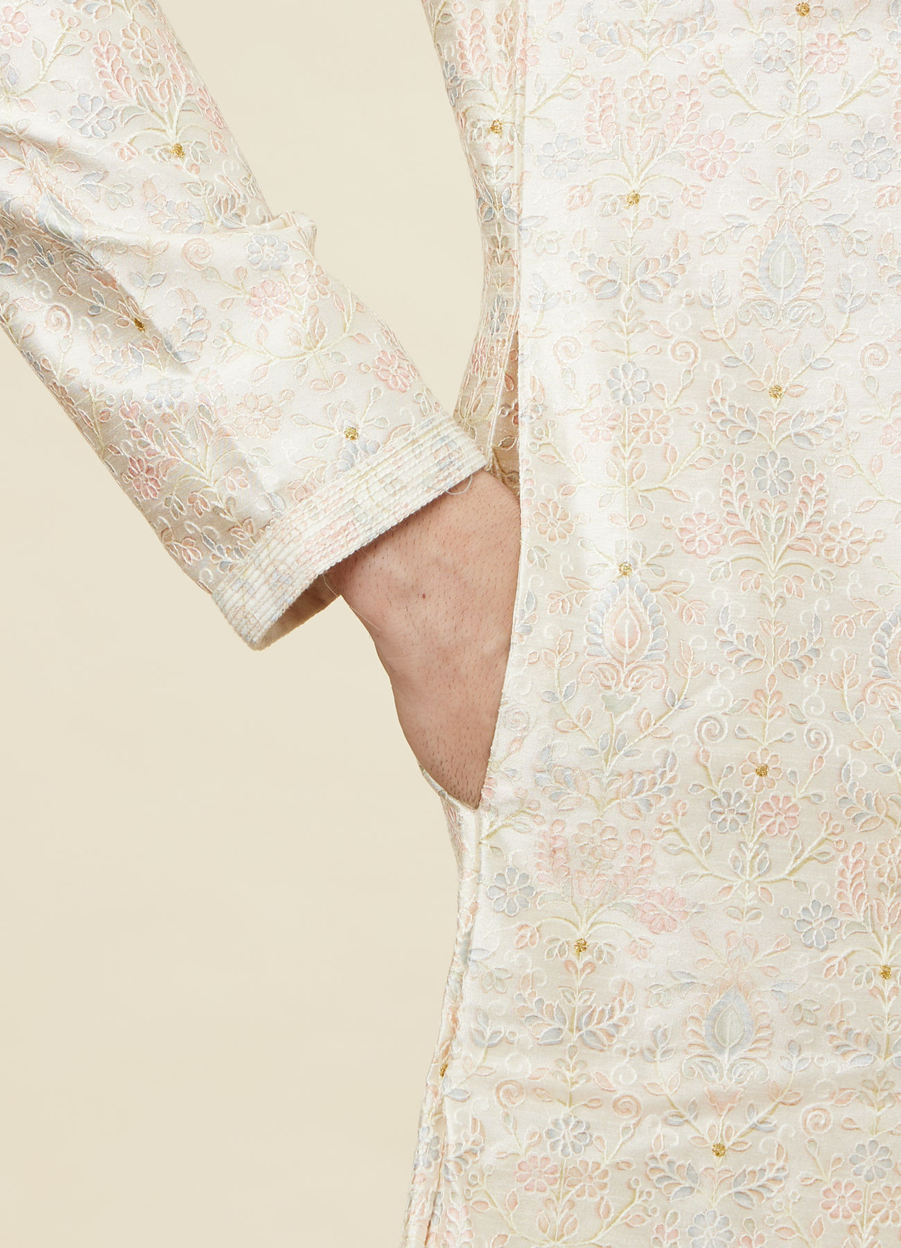 Twamev Men Beige Blossom Kurta Set