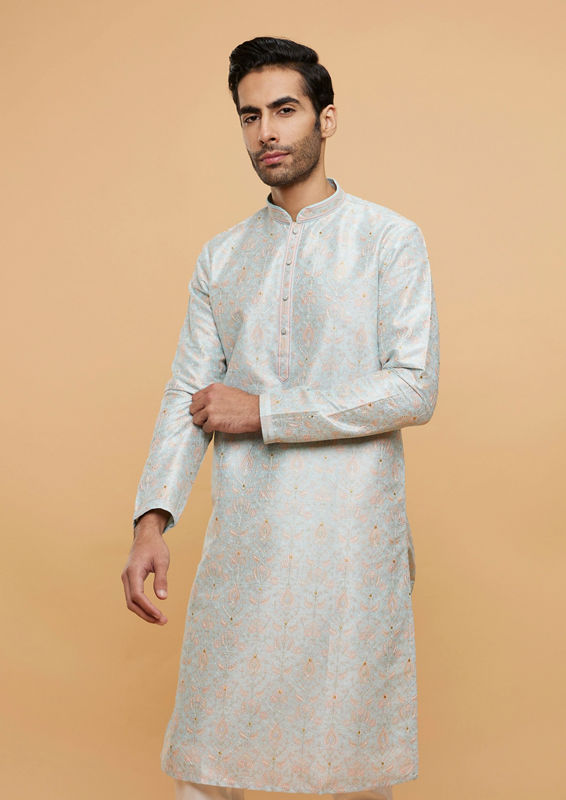 alt message - Twamev Men Light Blue Sheen Kurta Pajama image number 0