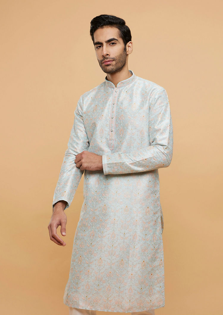 Twamev Men Light Blue Sheen Kurta Pajama