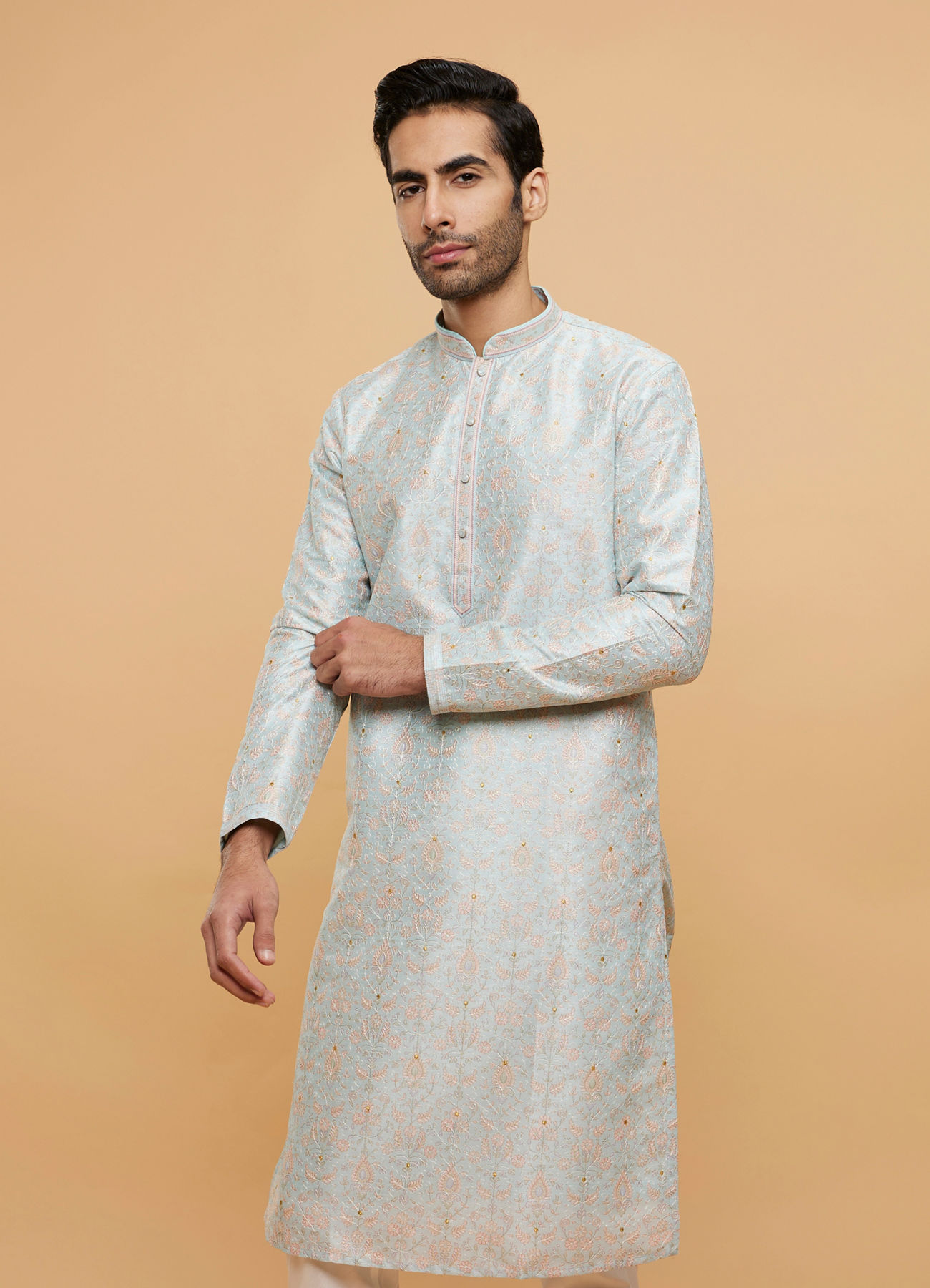 Twamev Men Light Blue Sheen Kurta Pajama
