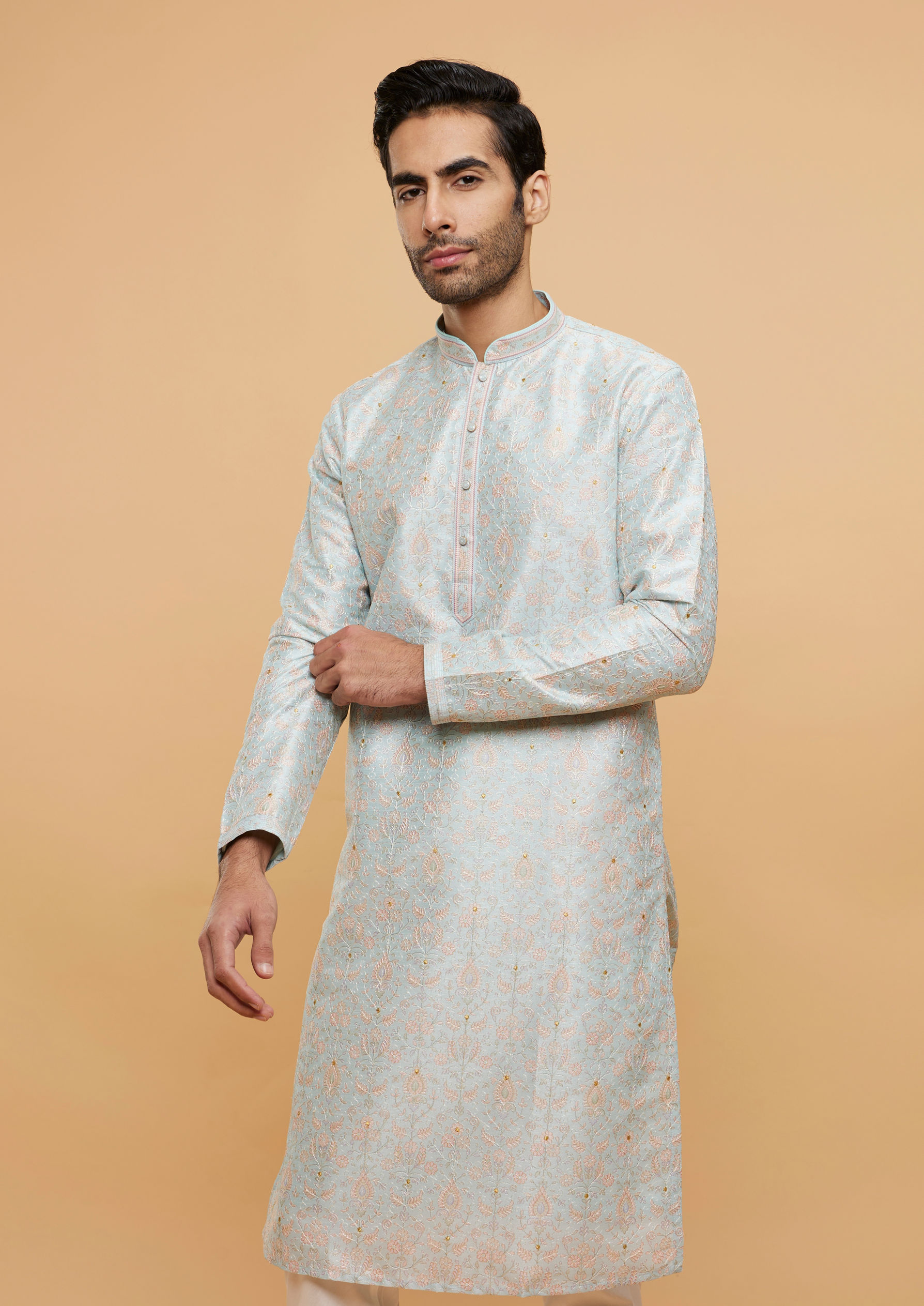 Twamev Men Light Blue Sheen Kurta Pajama