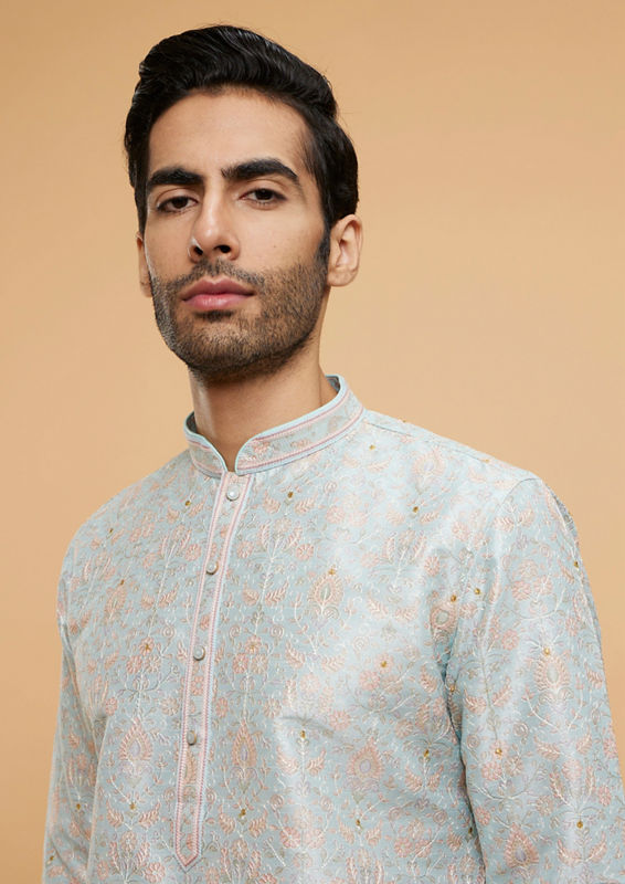 alt message - Twamev Men Light Blue Sheen Kurta Pajama image number 1