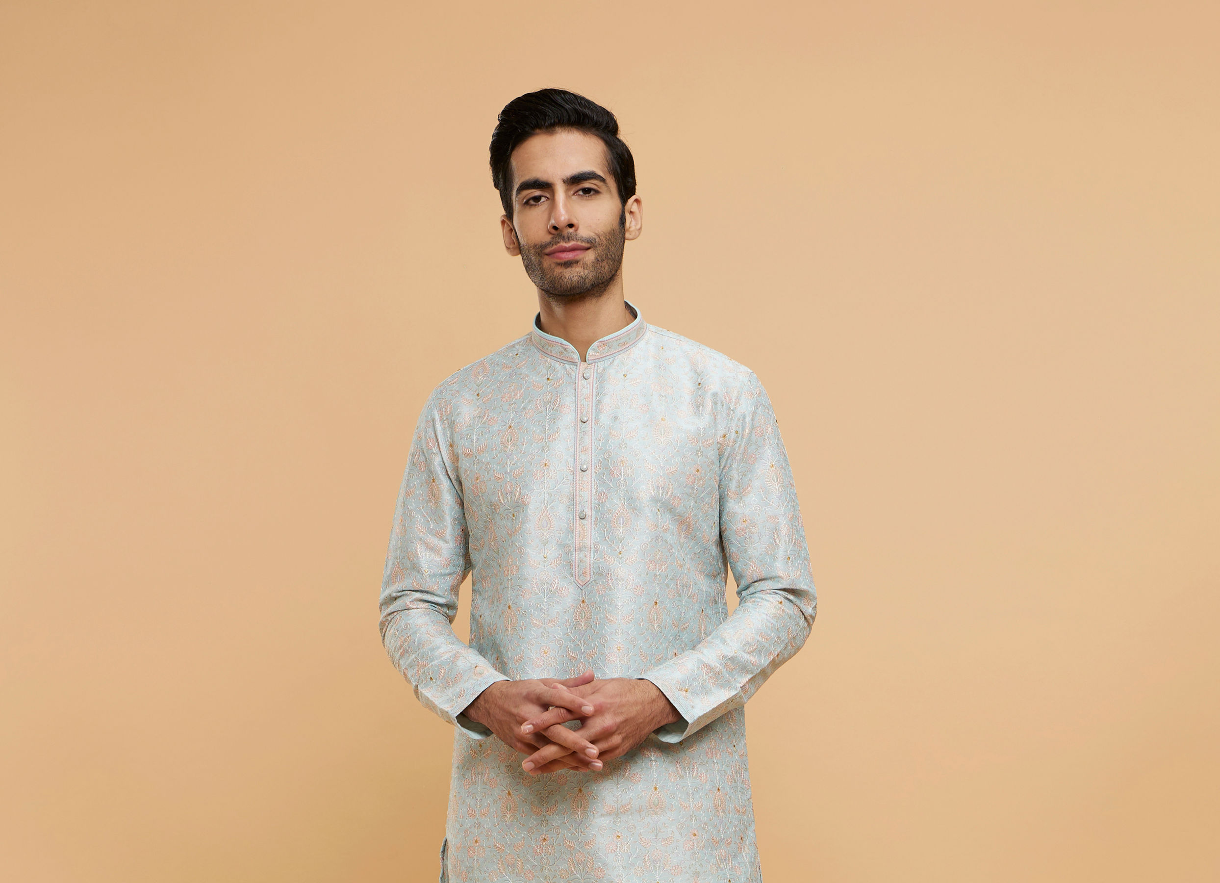 Twamev Men Light Blue Sheen Kurta Pajama