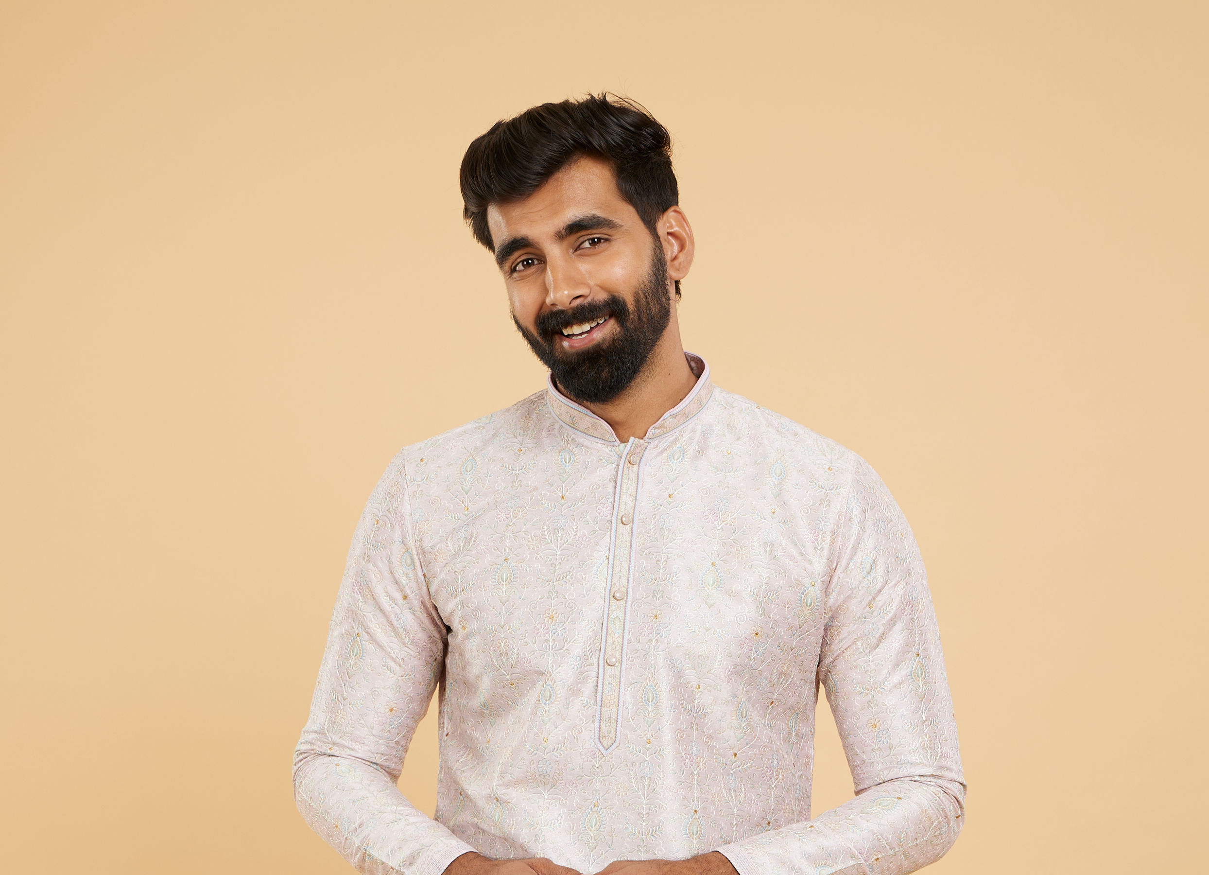 Twamev Men Soft Lilac Botanical Printed Kurta Set