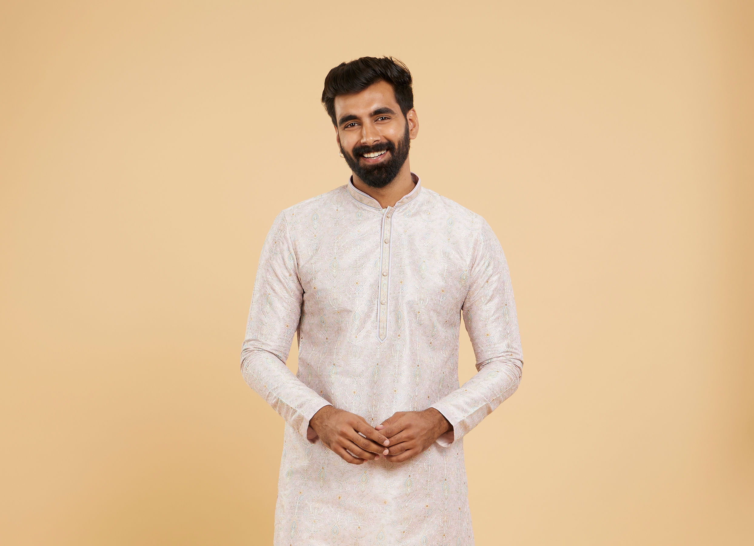 Twamev Men Soft Lilac Botanical Printed Kurta Set