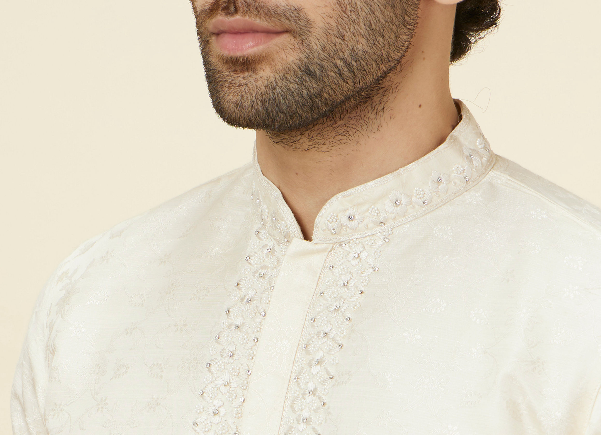 Twamev Men Cream Floral Brocade Kurta Set