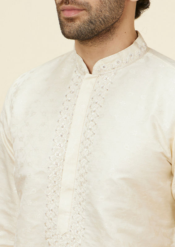 Twamev Men Cream Floral Brocade Kurta Set