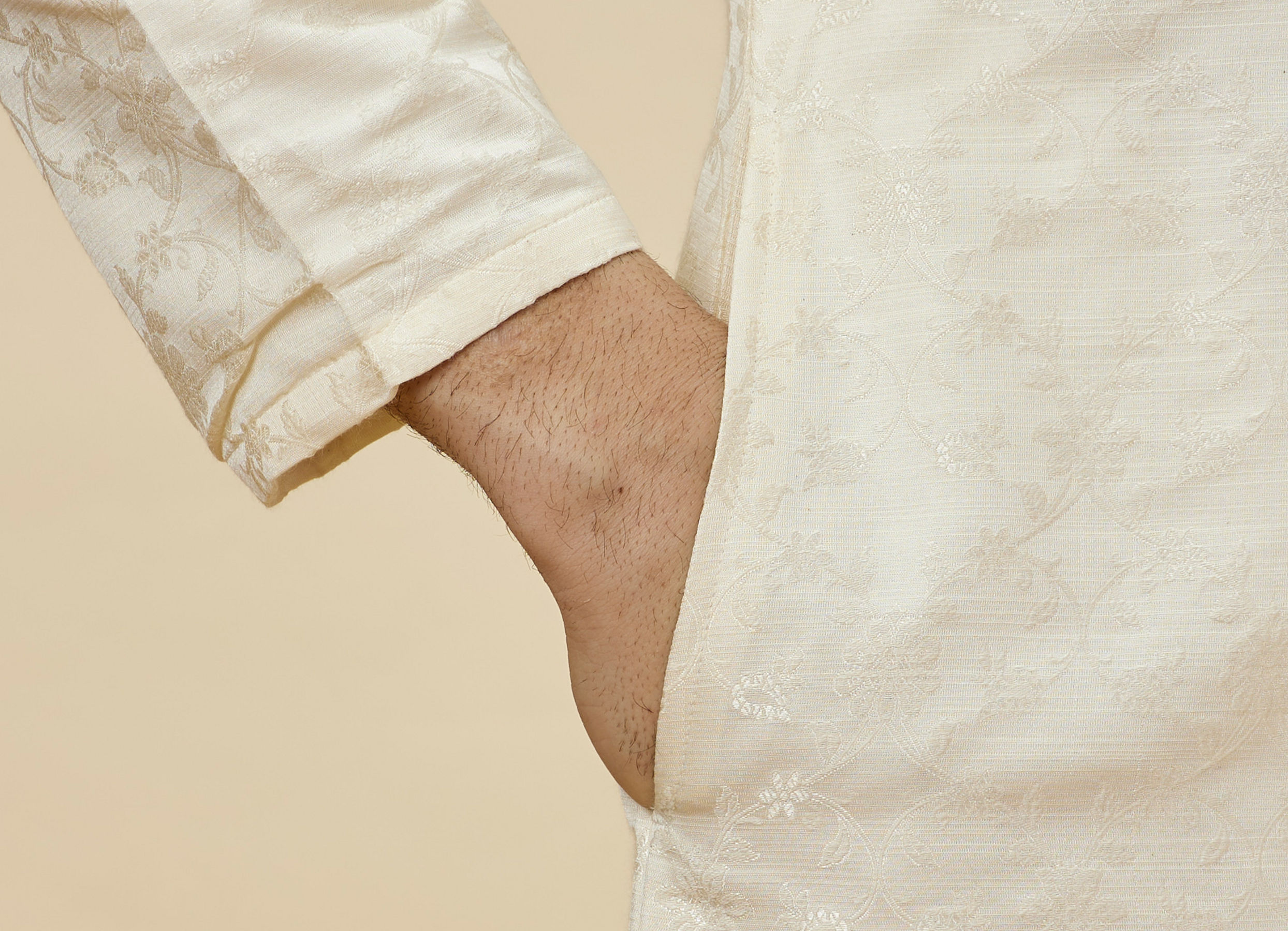 Twamev Men Cream Floral Brocade Kurta Set