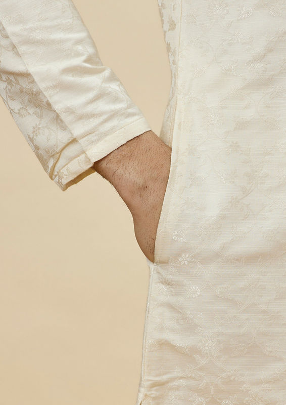 Twamev Men Cream Floral Brocade Kurta Set