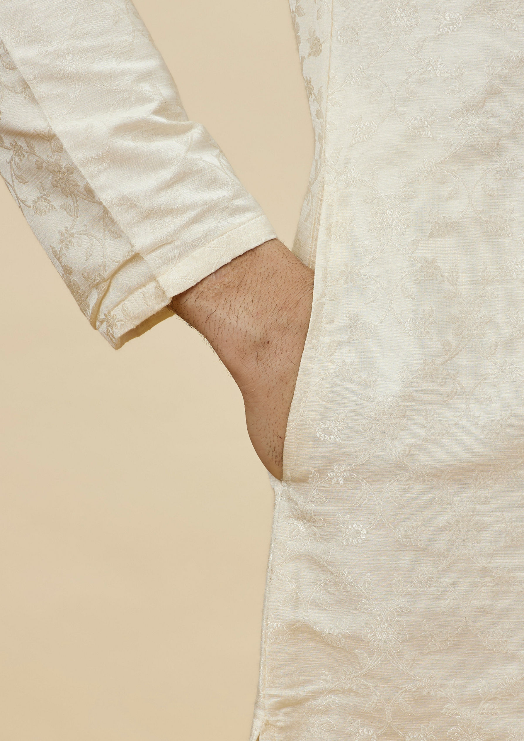 Twamev Men Cream Floral Brocade Kurta Set