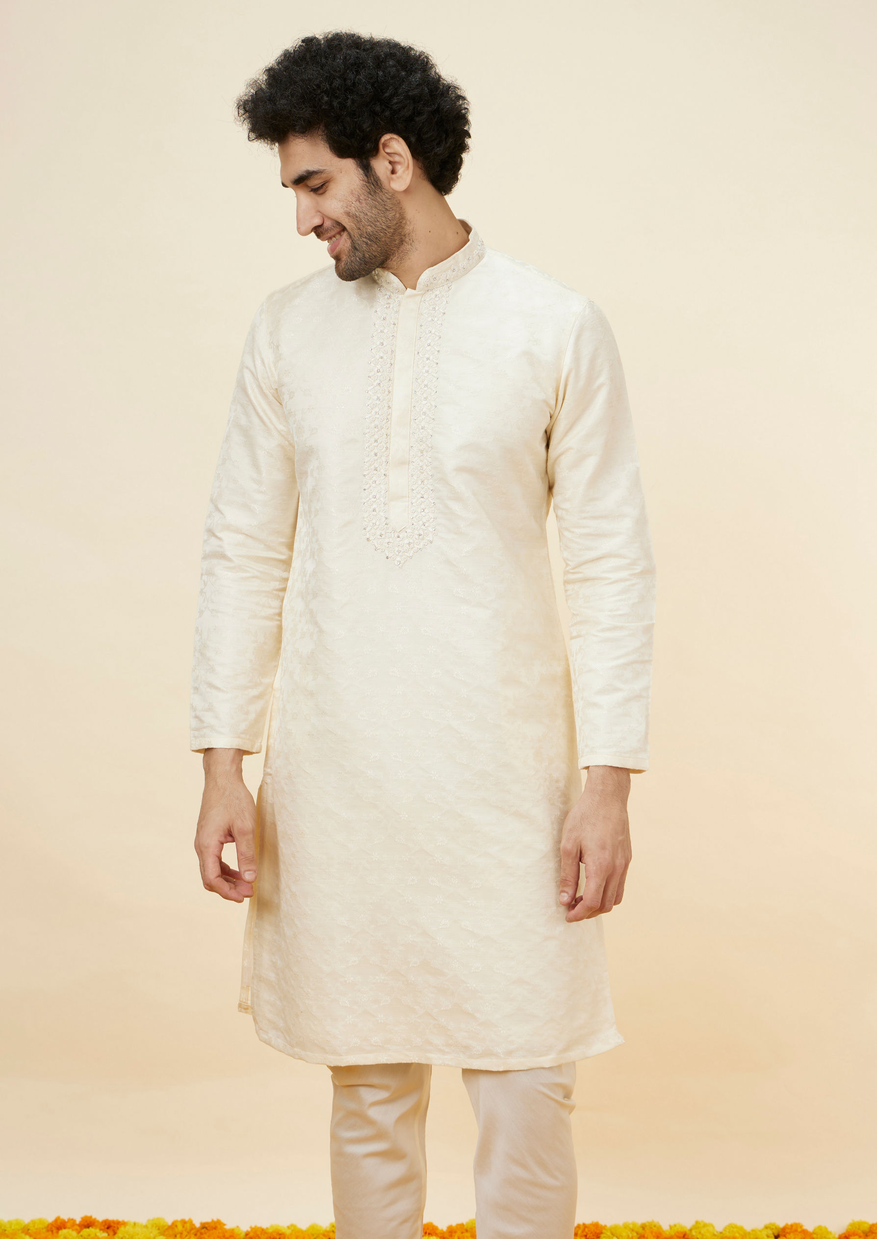 Twamev Men Cream Floral Brocade Kurta Set