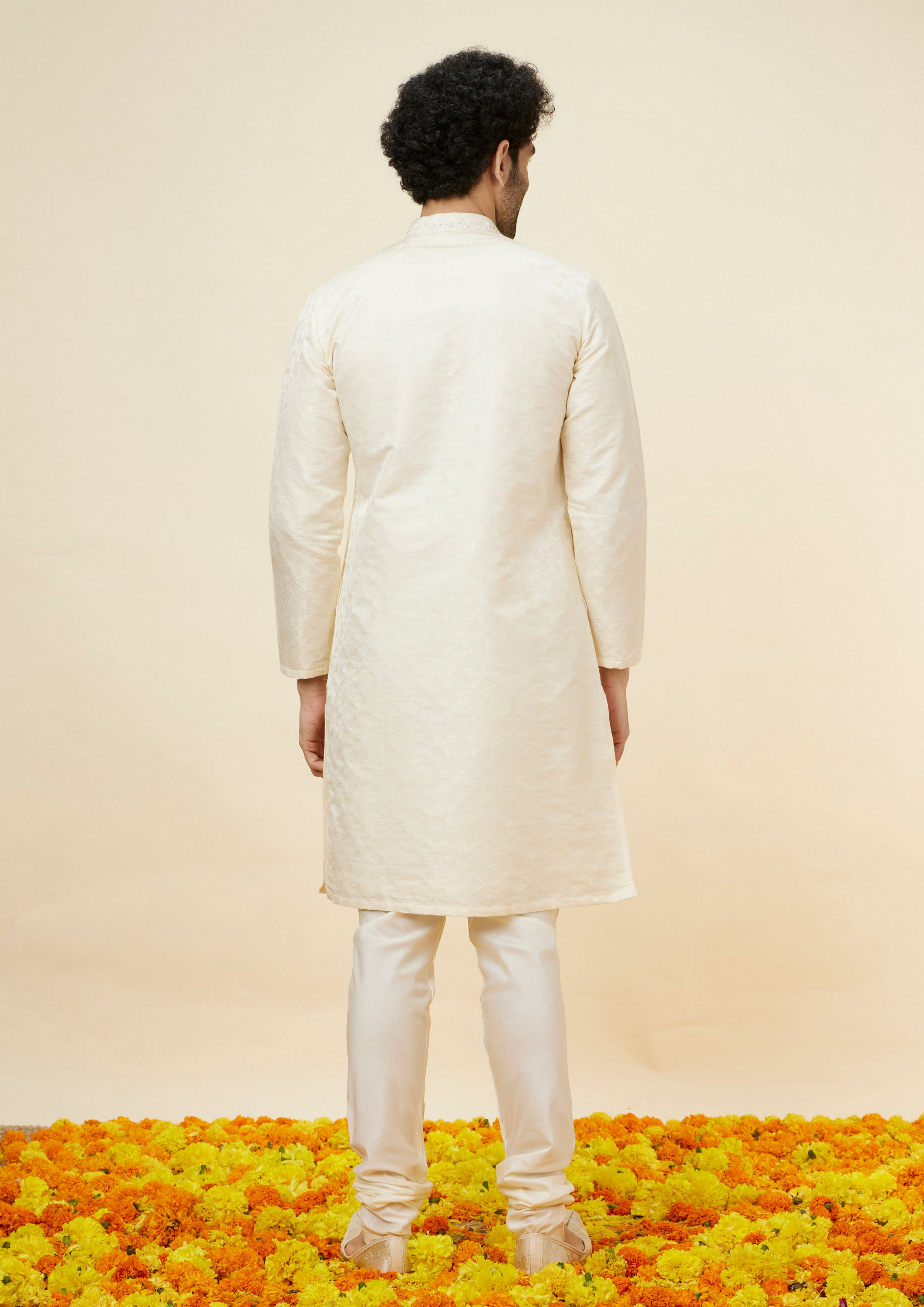 Twamev Men Cream Floral Brocade Kurta Set