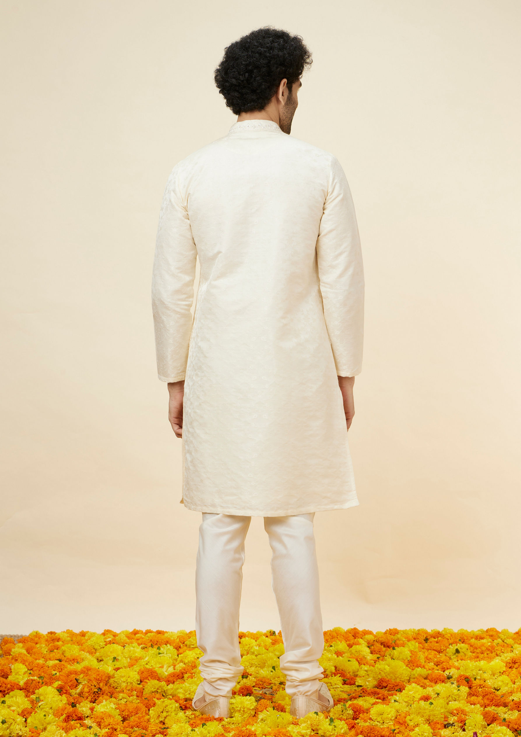 Twamev Men Cream Floral Brocade Kurta Set