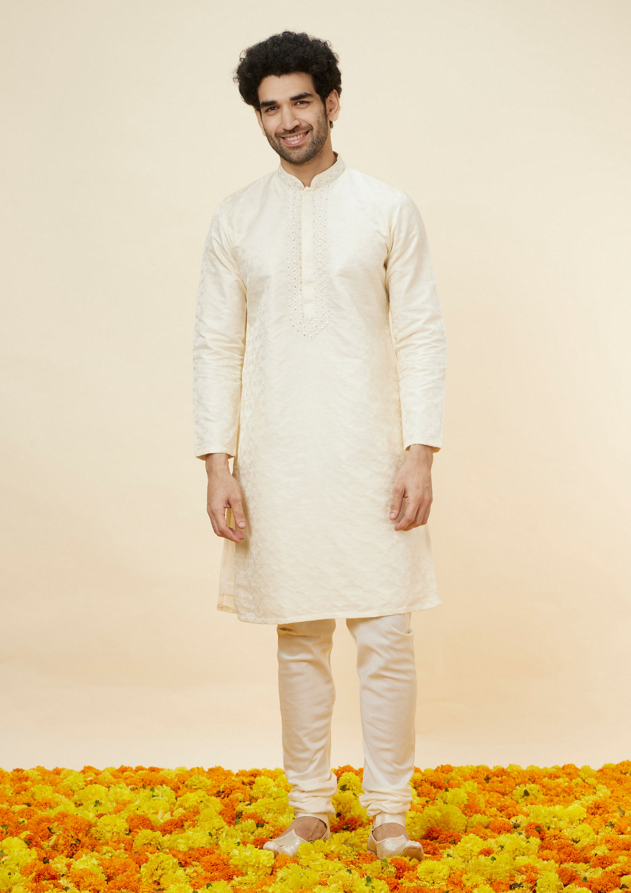 Twamev Men Cream Floral Brocade Kurta Set