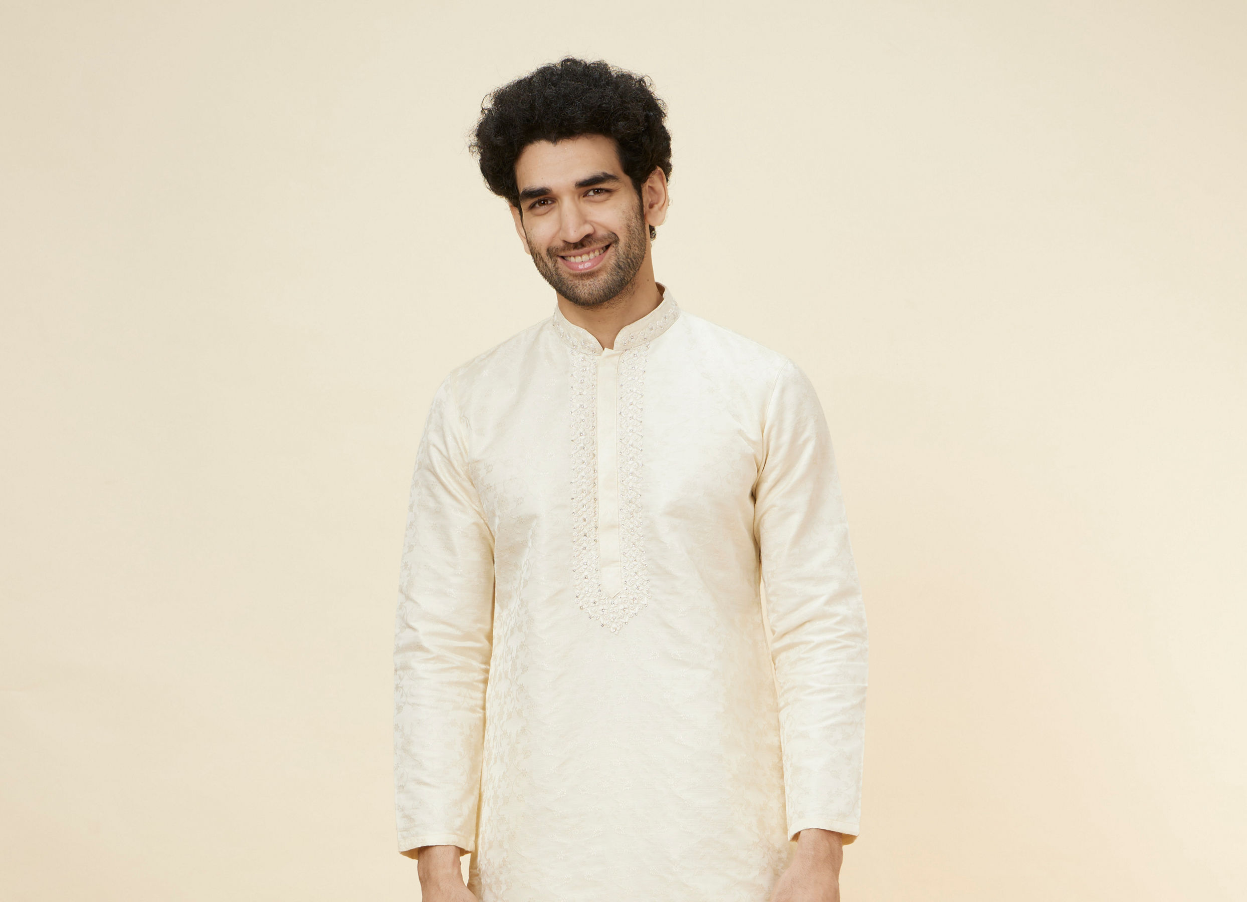 Twamev Men Cream Floral Brocade Kurta Set