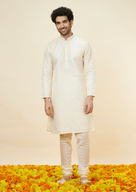 Twamev Men Cream Floral Brocade Kurta Set