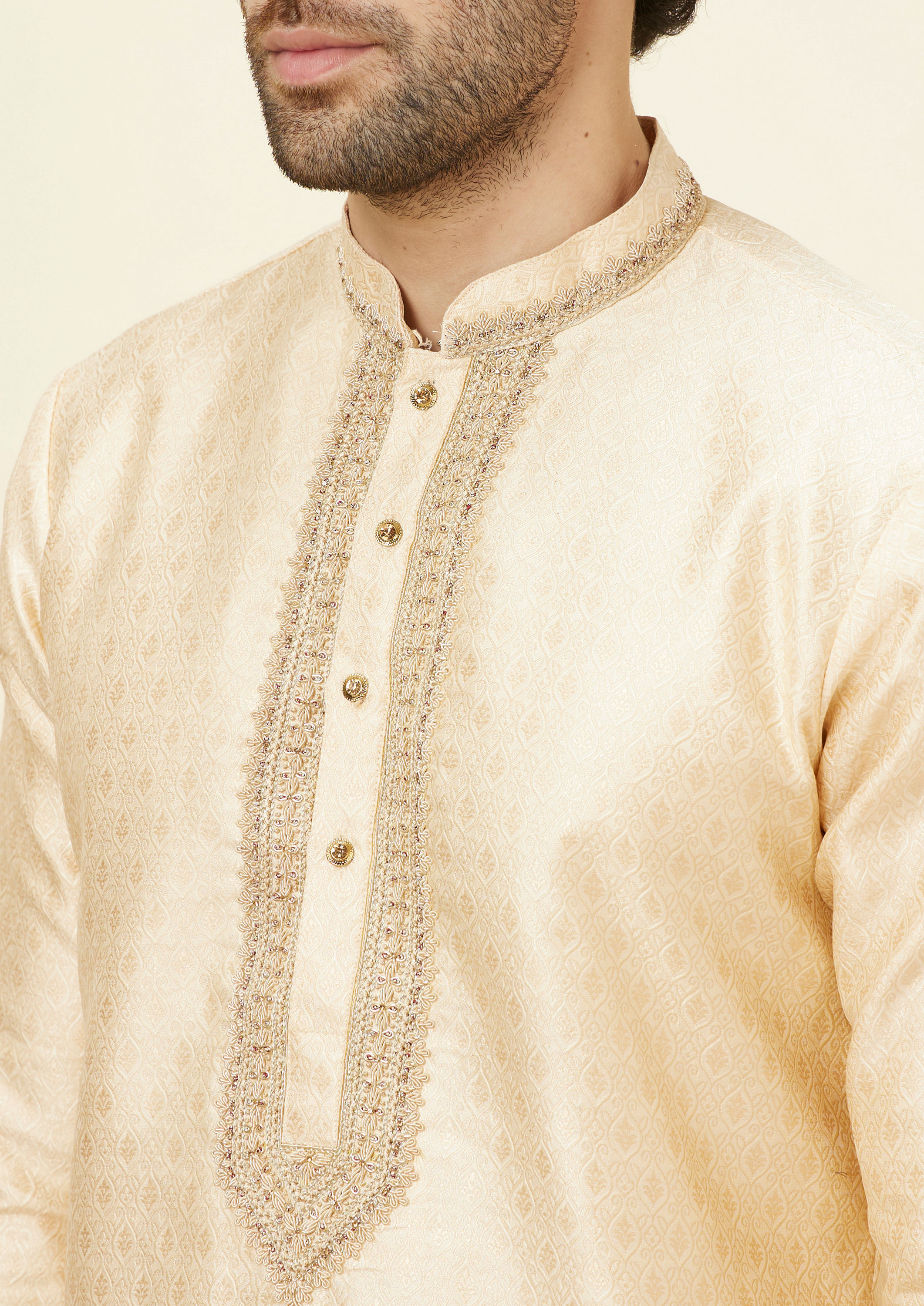 Twamev Men Beige Ogee Patterned Brocade Kurta Set