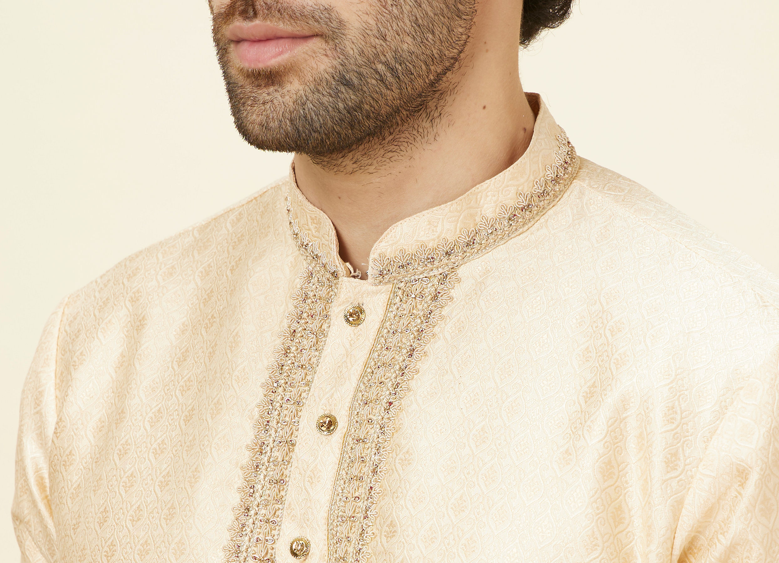 Twamev Men Beige Ogee Patterned Brocade Kurta Set