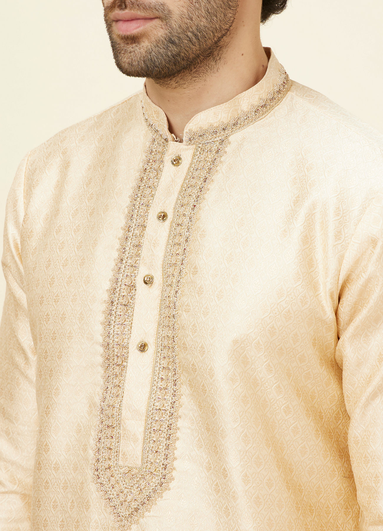 Twamev Men Beige Ogee Patterned Brocade Kurta Set