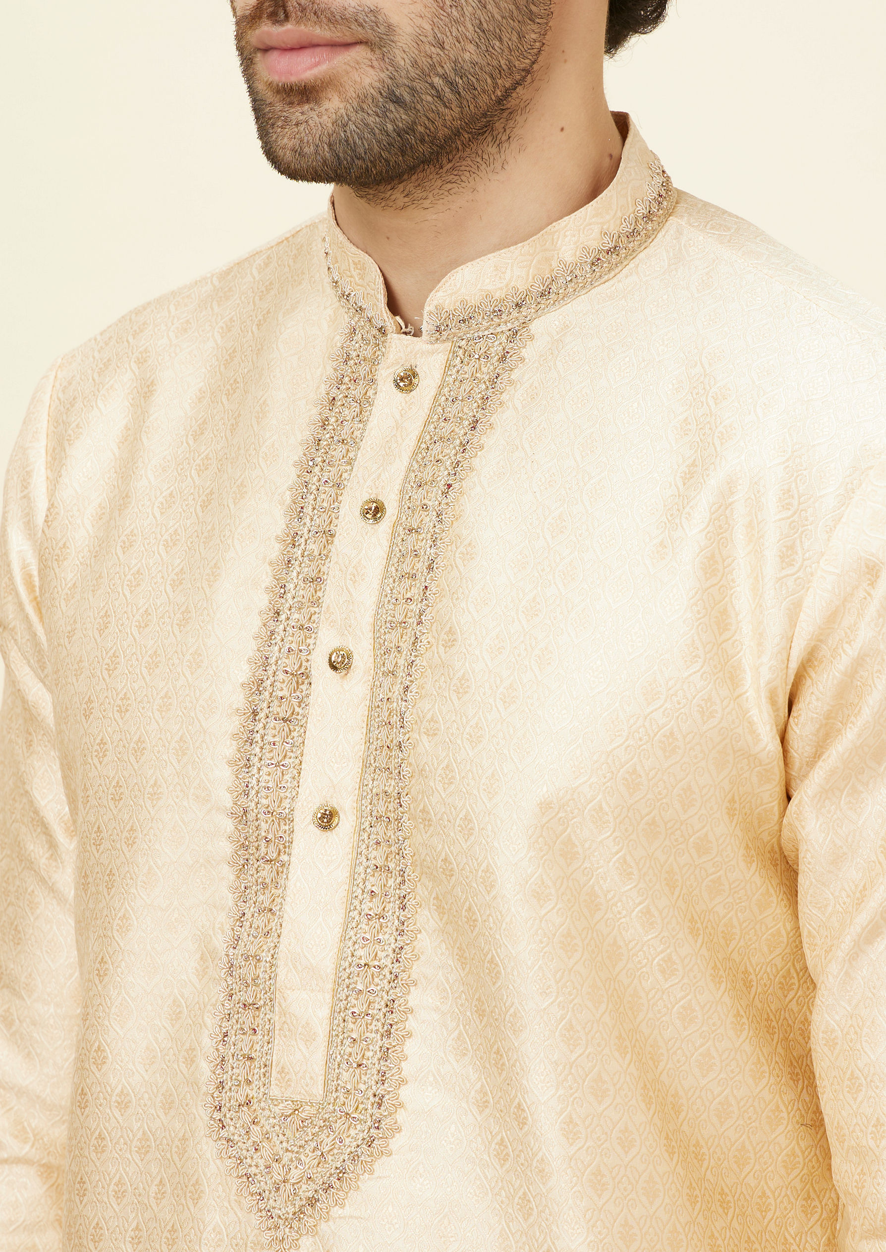 Twamev Men Beige Ogee Patterned Brocade Kurta Set