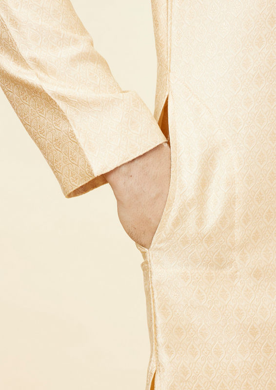 Twamev Men Beige Ogee Patterned Brocade Kurta Set