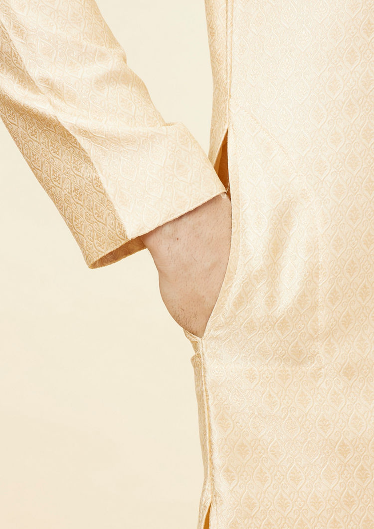 Twamev Men Beige Ogee Patterned Brocade Kurta Set