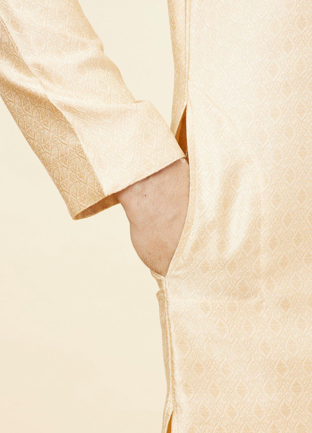 Twamev Men Beige Ogee Patterned Brocade Kurta Set