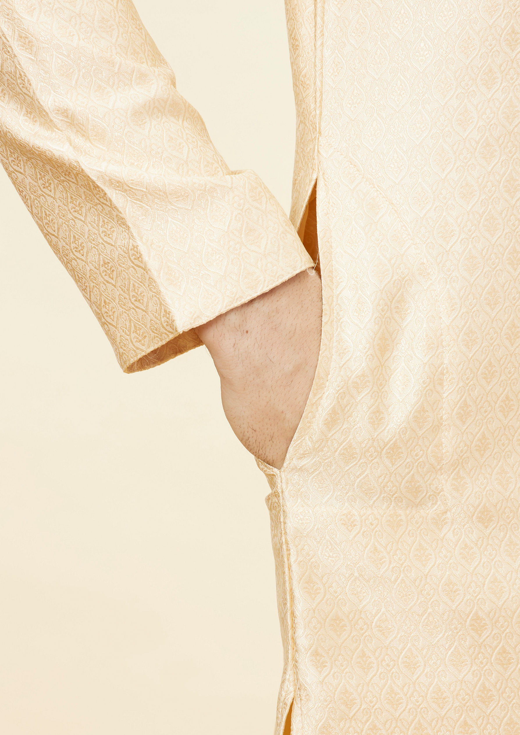 Twamev Men Beige Ogee Patterned Brocade Kurta Set