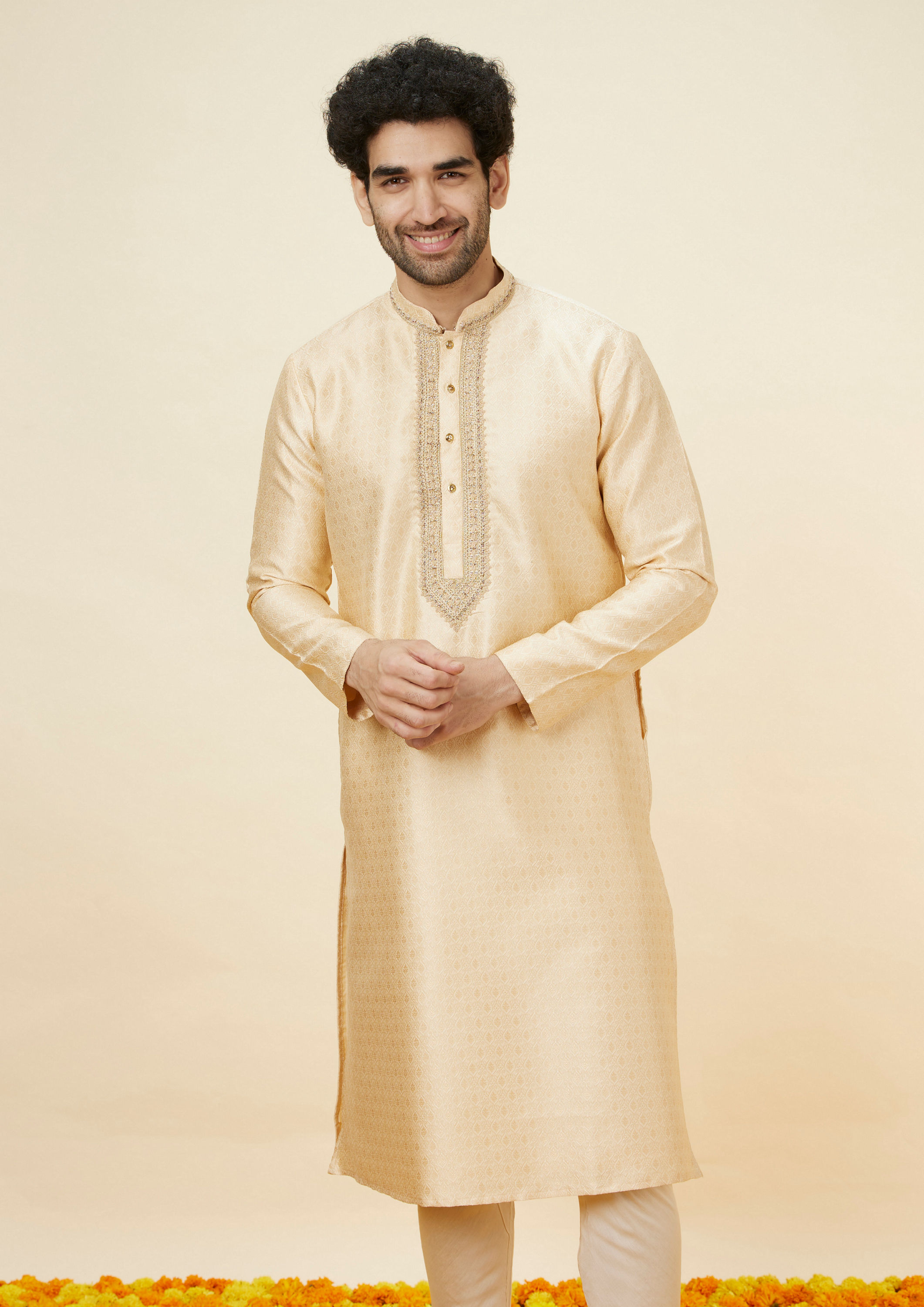 Twamev Men Beige Ogee Patterned Brocade Kurta Set