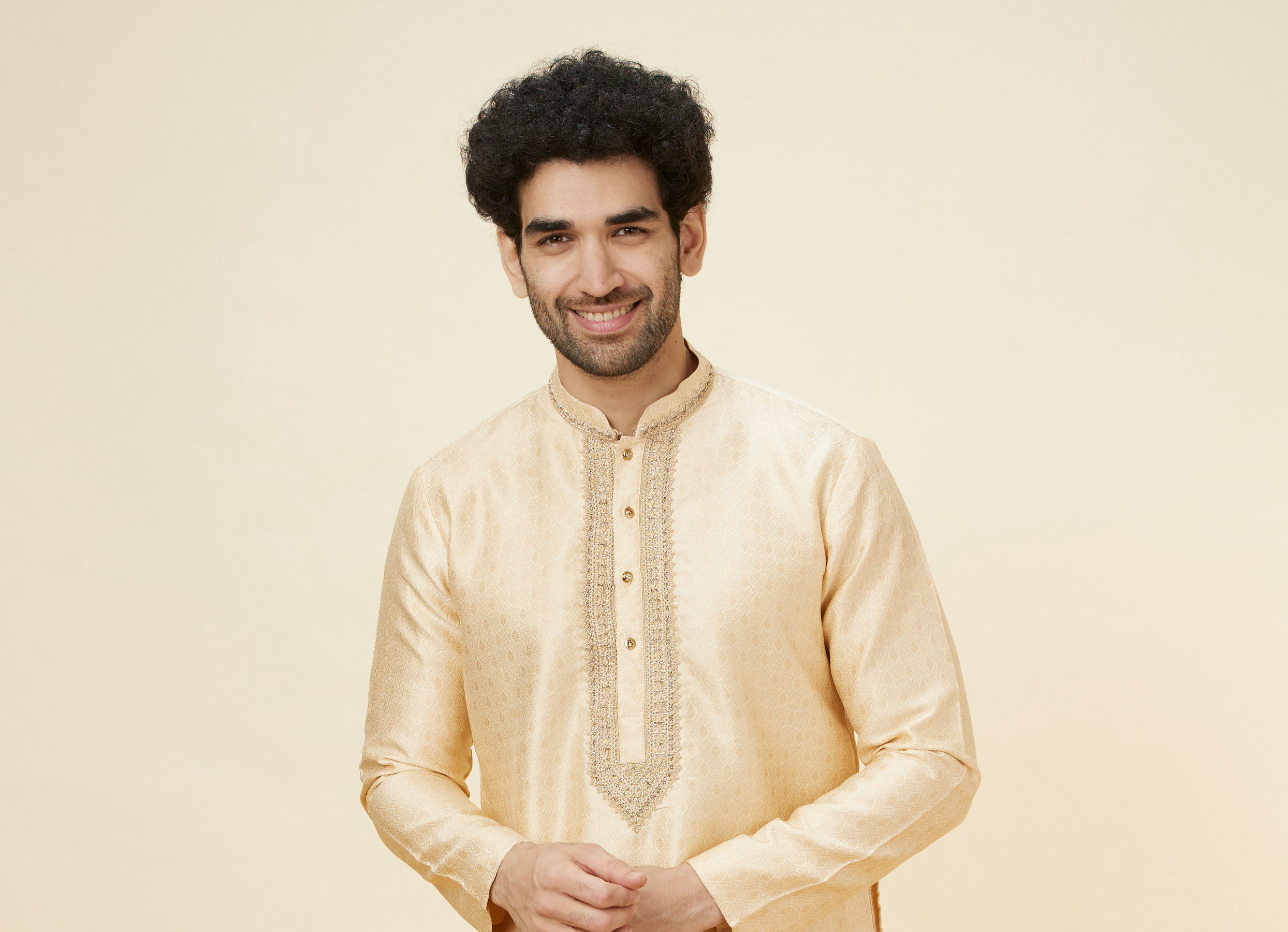 Twamev Men Beige Ogee Patterned Brocade Kurta Set